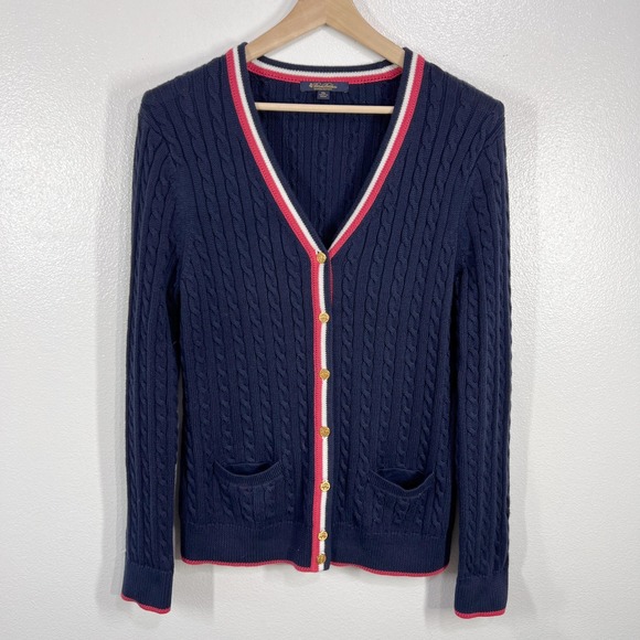 Brooks Brothers Cable Knit Cardigan Sweater 100% SUPIMA COTTON Red White Trim XL - Picture 2 of 11